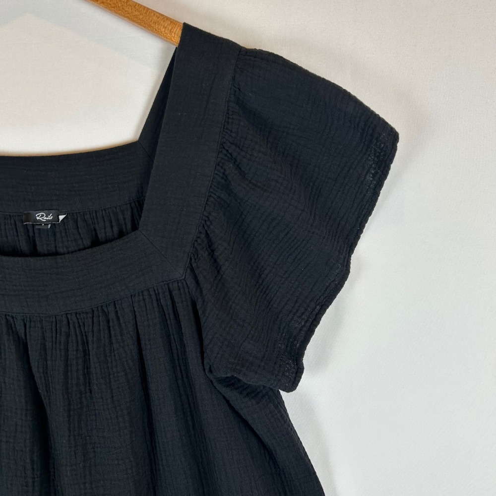 Rails Everdeen Black Cotton Gauze Mini Dress Square Neck Flutter Sleeve L - Picture 10 of 13